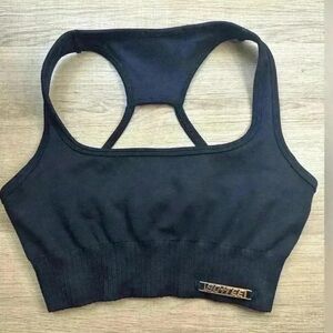 Bo+Tee Black Ribbed Sports Bra with Gold Logo size Extra Small